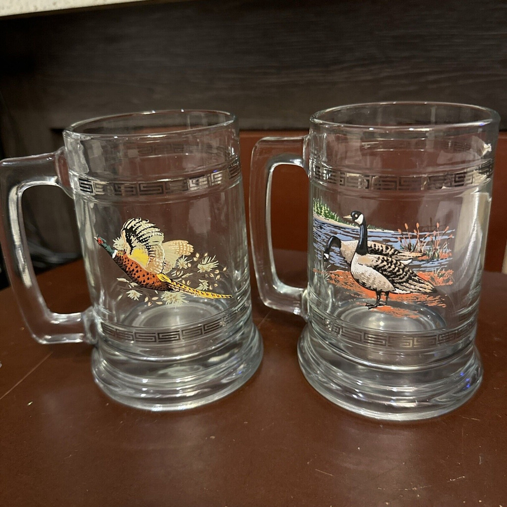 Princess House Wildlife Mugs-1 Geese, 1 Pheasant Gold Greek Key Trim